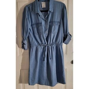 SERRA Shirt Dress Medium Chambray Blue Roll Tab Sleeve Cotton Drawstring Belt